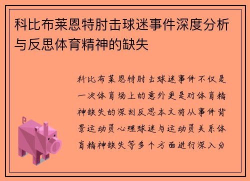 科比布莱恩特肘击球迷事件深度分析与反思体育精神的缺失