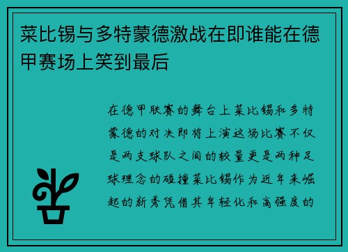菜比锡与多特蒙德激战在即谁能在德甲赛场上笑到最后