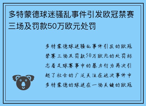 多特蒙德球迷骚乱事件引发欧冠禁赛三场及罚款50万欧元处罚