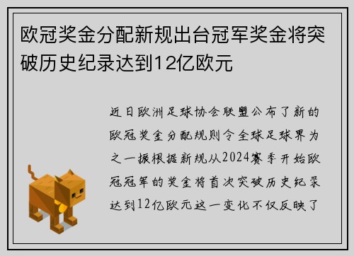 欧冠奖金分配新规出台冠军奖金将突破历史纪录达到12亿欧元