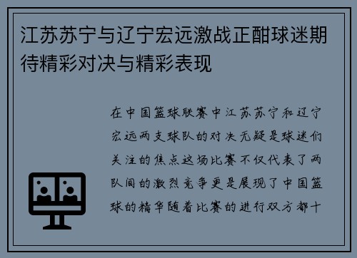 江苏苏宁与辽宁宏远激战正酣球迷期待精彩对决与精彩表现