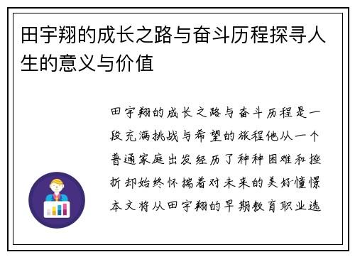 田宇翔的成长之路与奋斗历程探寻人生的意义与价值