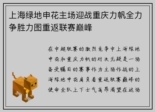 上海绿地申花主场迎战重庆力帆全力争胜力图重返联赛巅峰